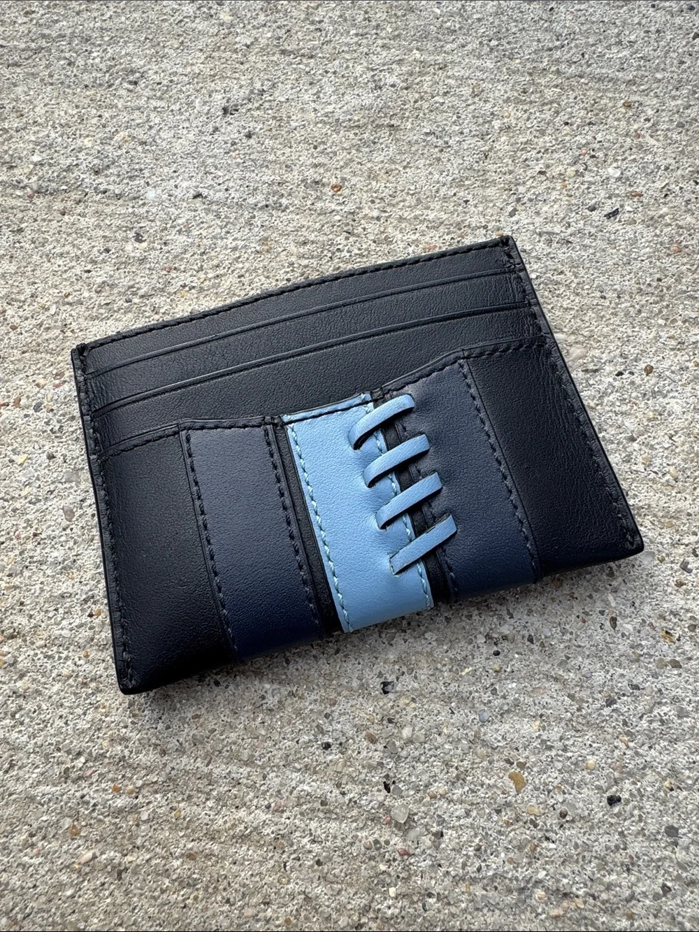 Coach Black Card & Key Holder with Navy and Light Blue Stripe